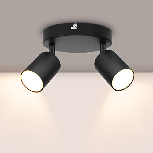 Ketom GU10 Faretti da Soffitto Orientabili, Faretti LED da Soffitto Nero, Lampada da Soffitto 2 Luci Rotonda, Moderna Faretto da Parete Interno per Barra, Cameretta, Cucina, Senza Lampadina
