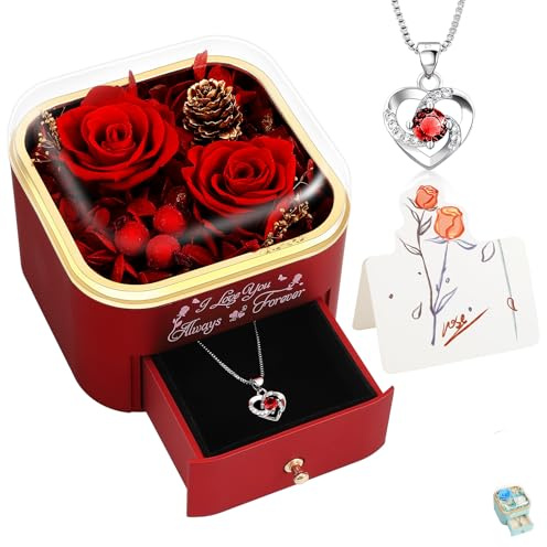 minstely Preserved Rose with Necklace, Anniversary Real Roses Gifts for Women, I Love You Forever Sign Eternal Flowers Gifts for Her, Thanksgiving Christmas Gifts Ideas, Mom Birthday Gifts