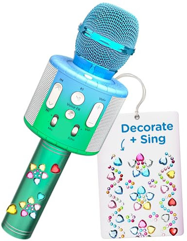 Move2Play, Kids Karaoke Microphone | Personalize with Jewel Stickers | Birthday Gift for Girls, Boys & Toddlers | Girls Toy Ages 3, 4-5, 6, 7, 8+ Years Old (Blue/Green)