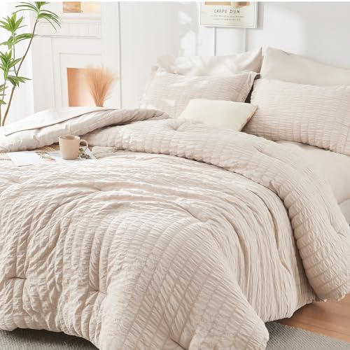 HYMOKEGE Parure de lit 7 pièces en Seersucker pour Grand lit avec Couette, draps, taies d'oreiller et Couvre-oreillers, Beige