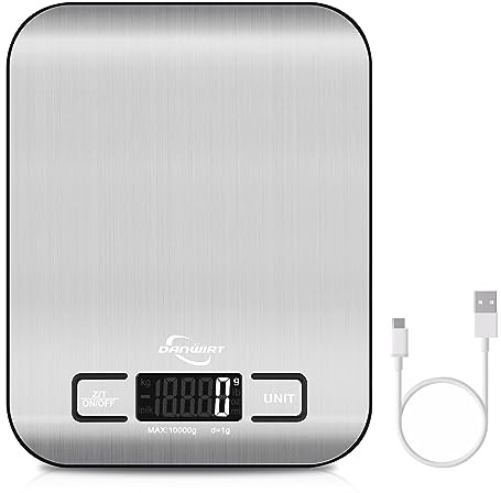 DANWIRT Balance de cuisine numérique en acier inoxydable avec écran LCD rétroéclairé rechargeable par USB, fonction tare, 6 unités – précise pour la cuisine, la pâtisserie et la préparation des repas