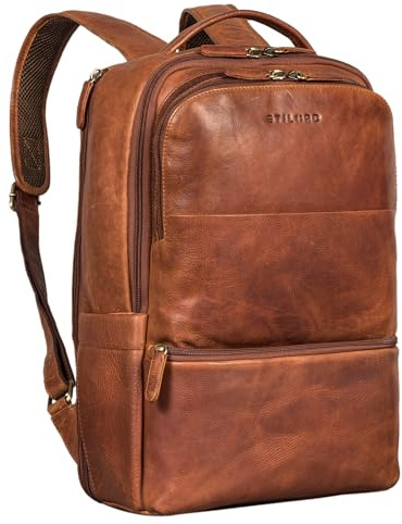 STILORD Thore Lyxig läderryggsäck med laptopfack 17 tum dam affärsryggsäck herr retro dagryggsäck äkta läder Farbe:Kara-konjak