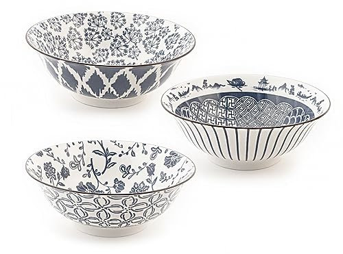 H&H Seta Set 3 Coppe Poke in Porcellana, Tonde, Decori Assortiti, 21cm