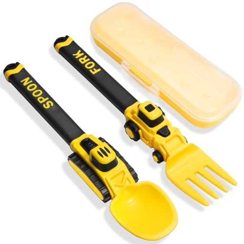 Deinyi Construction Toddler Utensils - Reusable Plastic Toddler Fork and Spoon & Storage Case - Suitable for Kids Utensils - Easter Gifts and Birthday Gifts for 1 2 3 4 5 6 7 year old, Yellow