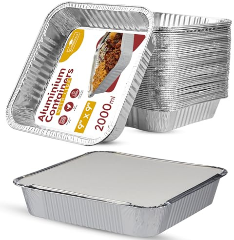 25x Disposable Aluminum Foil Containers with Lids | 9 x 9, 2 inches Disposable Foil Trays Containers | Rectangular Tin Foil Trays for Food Storage, Baking, Roasting, Meal Prep and Takeaway (2000 ml)