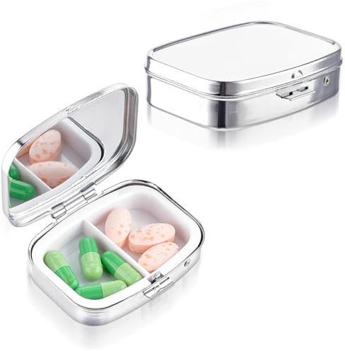 Sibba Pillendose mit 2 Fächern Edelstahl-Reisebox-Organizer für Tabletten und Rezepte Niedliche Pillenbox Multifunktionale Feuchtigkeitsbeständige Pillendose für Handtasche und Tasche