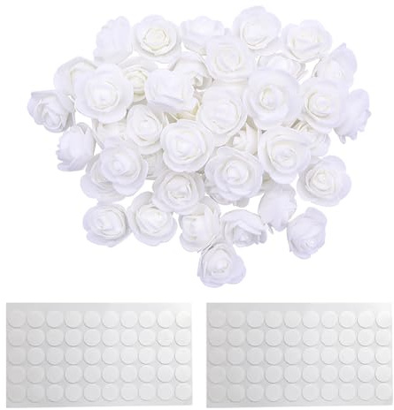 JIHUOO 100 Pcs 3.5cm Extra Small Foam Roses Mini Fake Roses Graduation Cap Flowers 3D Flowers Stickers with 100 Pcs 15mm Sticky Dot Stickers Valentine's Day Decorations White