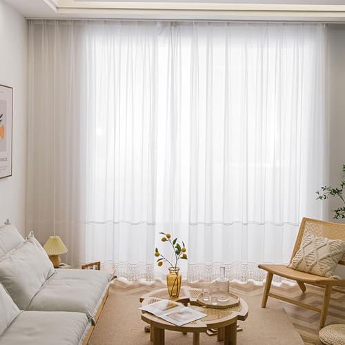 Whoiy Gardinen Voile Vorhang Weiß mit Ösen 115 cm Hoch, 2er Set Vorhänge Polyester Halbtransparent Stickerei Moderne Fenstergardinen Schlafzimmer, 115x132 cm(Höhe x Breite)