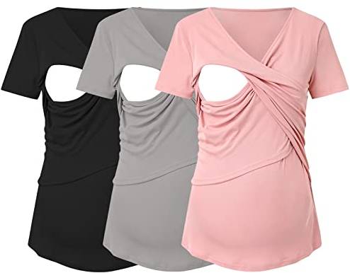 FGUUTYM Umstands-T-Shirt für Damen, lässig, kurzärmlig, mit V-Ausschnitt, Basic-Still-T-Shirt, Top zum Stillen, 3er-Pack U Heft Hülle Filz Hellgrau (Pink, XL)