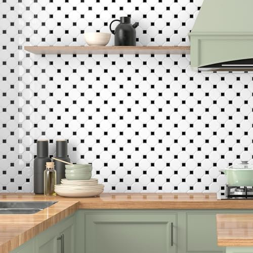 Livelynine Kitchen Tile Stickers Waterproof 3D Hexagon Stick on Tiles for Bathroom White and Black 30x30CM Self Adhesive Wall Tiles Bathroom Shower Walls Stick on Kitchen Tile 3D Geometric, 4 Sheets