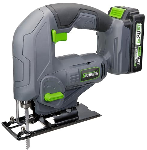 GENESIS G20MAX 20V Variable-Speed Jig Saw with 3-Orbital Settings, 2.0Ah Battery and quick charger included, Toolless blade clamp, Bevel Cutting left & right (GLJS20B)