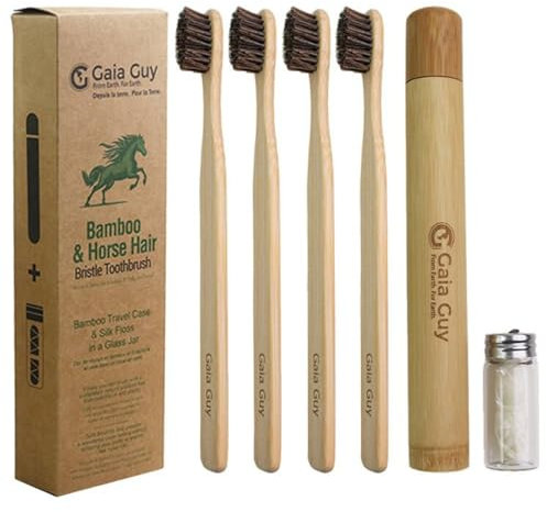 Gaia Guy Bamboo and Horsehair Bristle Toothbrush (4 Pack) + Travel Case & Silk Dental Floss | 100% Compostable Bristles and Floss | Eco-Friendly Dental Set | Biodegradable Wooden Toothbrushes