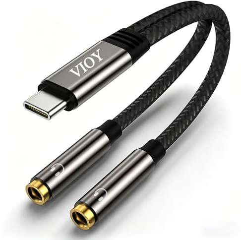 VIOY USB C to Dual 3.5mm Female Y Audio Headphone Splitter Adapter | Lossless Hi-Res audio decoding, aluminum alloy shell, nylon braided cord for music sharing on Type-C smartphones and tablets