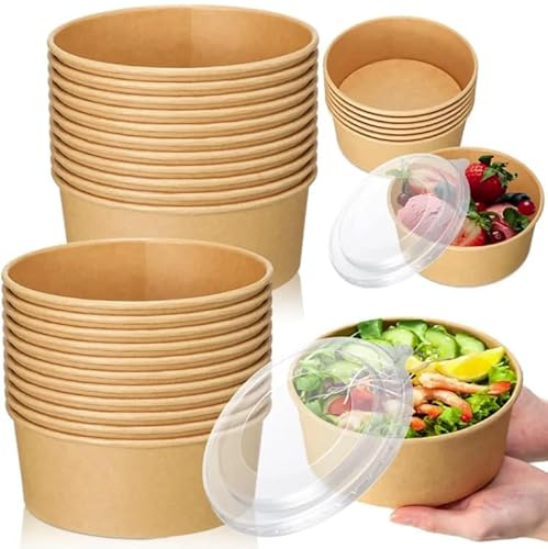 Reborn Packaging Lot de 600 saladiers jetables en papier kraft avec couvercles en PET (500 ml/18 oz), pour aliments chauds/froids à emporter, salade, charcuterie (500 ml) – Petit, 600 pièces