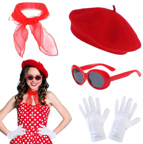 KECDRU Rockabilly Accessoires Damen Rot 50er 60er 1950s Französisches Kleid Zubehör Baskenmütze Schal Sonnenbrille Handschuhe Vintage Kleidung Set Für Karneval Motoparty Retro Teily Party