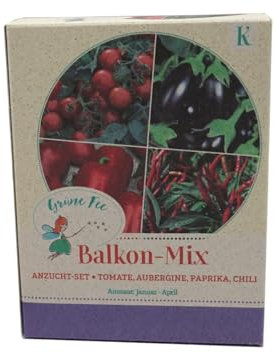 Grüne Fee - Balkon-Anzucht-Set 4 x Saatgut Anzuchtbecher Kokosquelltabletten und Holzsteckern zum Beschriften Balkontomate Miniaubergine Snackpaprika Chili Samen - 18225