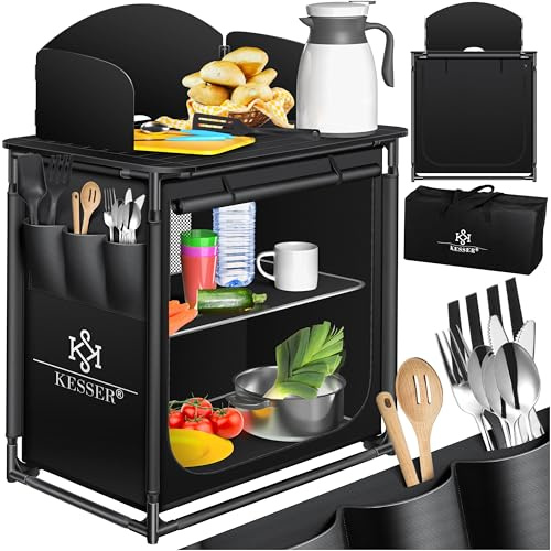 KESSER® Campingküche | Inkl. Tragetasche & Becherset | Campingschrank Faltschrank | mit Aluminiumgestell | Reiseküche | Küchenbox | Zeltschrank | Outdoor Camping Küche | Schwarz/Schwarz | Typ F2