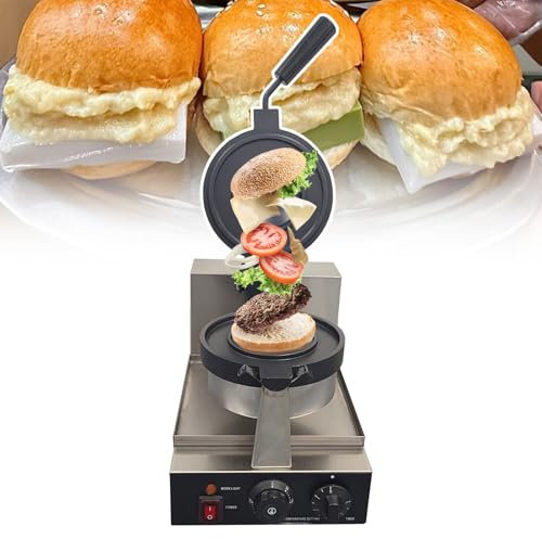 Annuod Commercial Hot Press Ice Cream Burger Maker,Electric Waffle Maker with Non-Stick Cast Iron Pan,Single Head Double Sided Heating Bread Toaster with 300℃ Temperature Controlled/5 Min Timer