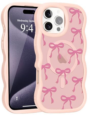 Teageo Magnetic Case for iPhone 14 Pro Max, Pink Frame, Bow with strap | Compatible with MagSafe, Fashion Phone Case, Non-slip Bow Pattern, Cute for Women Girls, Wave Frame