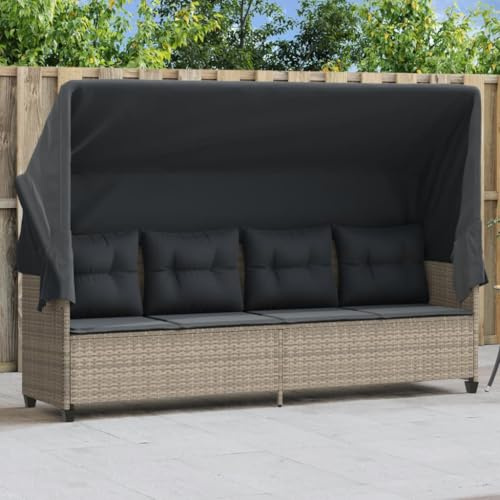 IKAYAA Gartensofa mit Sonnendach, Rattan Sofa 4 Sitzer, Poly Rattan Hellgrau