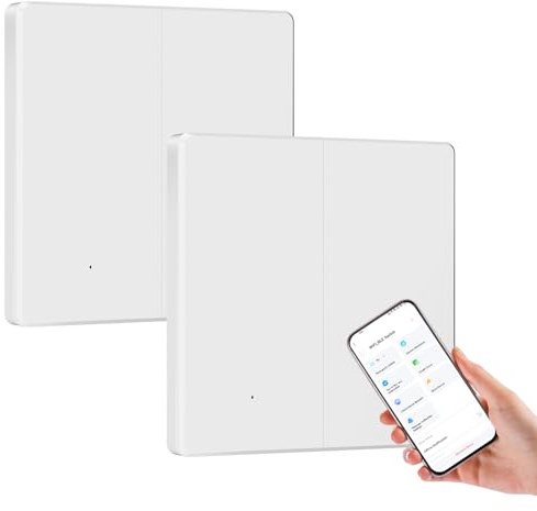 BSEED Interrupteur Intelligent,Interrupteur Mural WiFi 2 Gang 1 Voie compatible avec Amazon Alexa/Google Home/Tuya/Smart Life,Blanc(Nécessite un Fil Neutre)-2 pièces