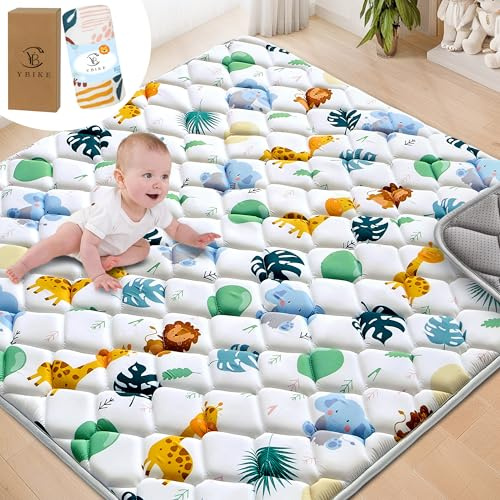 YBIKE Baby Play Mat for Floor, Foldable Large Non-Slip Thick Baby Crawling Mats 109x109cm, Portable Soft Tummy Time Mat, Machine Washable Playmats for Toddler Kids (Animals)