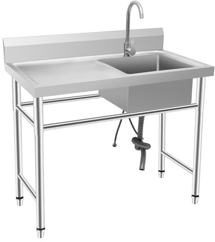 Edelstahl Spülbecken mit Arbeitstisch und Mischbatterie, 1 Becken Profi Spültisch Gewerbliche Freistehend Spüle, 100x60x93cm Multifunktionswaschtisch Rechts Deluxe Spültisch für Küche Wäsche Garage