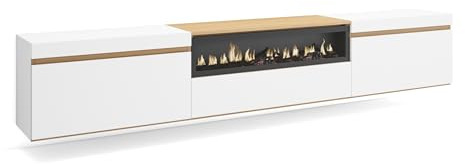 Skraut Home | TV-Schrank, Lowboard | für Wohnzimmer und Esszimmer | 260x45x35cm | Für großformatiges TV | Elektrokamin. | Hängend | Moderner Stil | Weiß und Eiche Soft