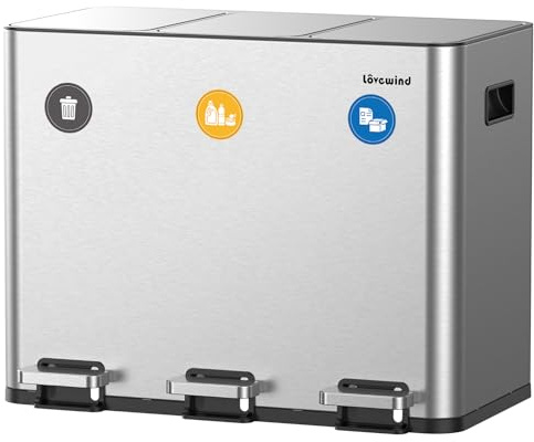 lovewind Mülleimer Küche,Mülleimer 3 Fächer,45L Mülltrennsystem, 3 x 15L, Tretmülleimer mit Deckel und Inneneimern, Stahl, Magnetisches Etikett,Soft-Close-Deckel,Silber