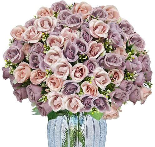 TurelinnG 6 Bündel mit Künstlichen Blumen, Künstliche Rosenstrauß enthält 90 Blütenköpfe,Kunstblumen wie echt Geeignet für Hochzeiten, Wohnzimmer und Tischdekorationen,Violett