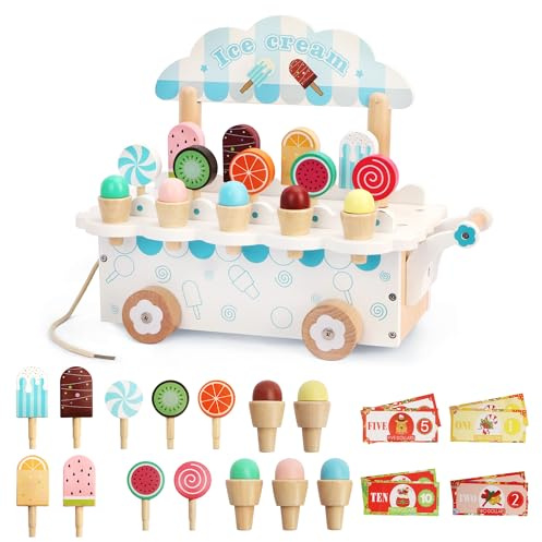 TUSEASY Wooden Ice Cream Cart Toy for Toddlers – Role Play Toy for 3 Year Old Girls & Boys – Montessori-Inspired Pretend Play Set with Colorful Cones Idea for Kids Aged 3+
