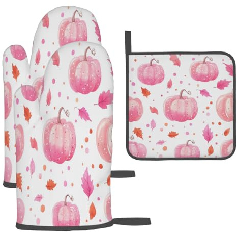 Mexpekil Heat Resistant Oven Gloves and Pot Holder, Pink Pumpkin And Leaf Kitchen Oven Mitts & Potholder with Hanging Loop for Baking Grilling Cooking BBQ