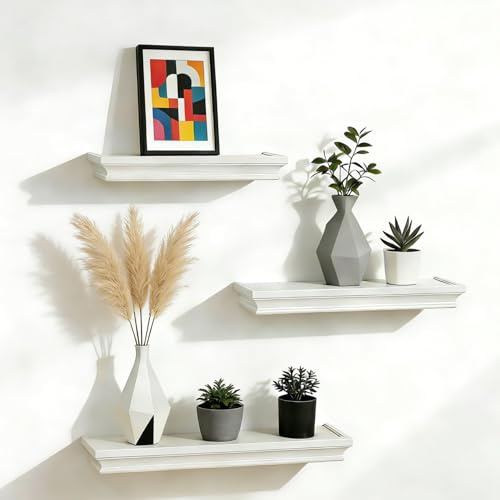 JUJOYBD Vägghylla smal uppsättning av 3, svävande hyllor av MDF-trä, 30/36/42 cm x 10 cm djup, vit dekorativ tavellist, hängande hyllor för vardagsrum, kök och badrum