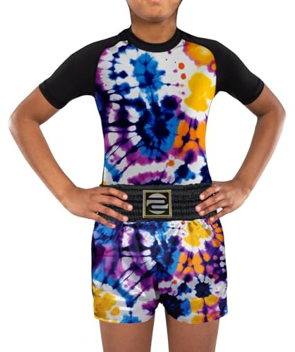 O2TEE Kids Bright Tie Dye BJJ Rash Guard with Boxing Shorts MMA Suit Lightweight Active Wear, S 6 Yrs Old