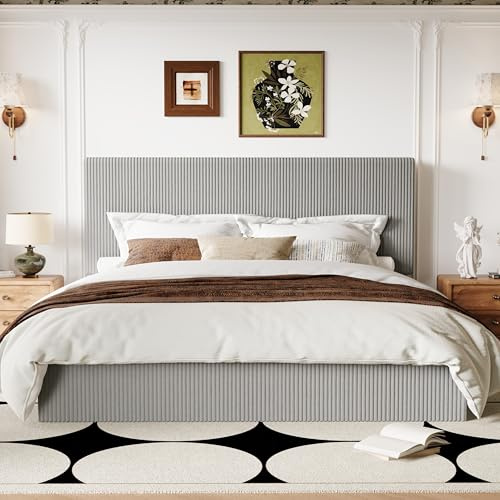 Allewie King Bed Frame, Upholstered Platform Bed, Adjustable Vertical Channel Tufted Headboard, Corduroy Fabric, Modern Low Profile, Wooden Slats, No Box Spring Needed, Easy Assembly, Light Grey
