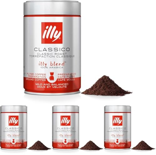 illy, Café Moulu Filtre CLASSICO, 100% Arabica avec des Notes de Caramel, Fleur d'Oranger et Jasmin, Goût Doux et Arrière-goût Sucré, 1 Boîte de 250g (Lot de 4)