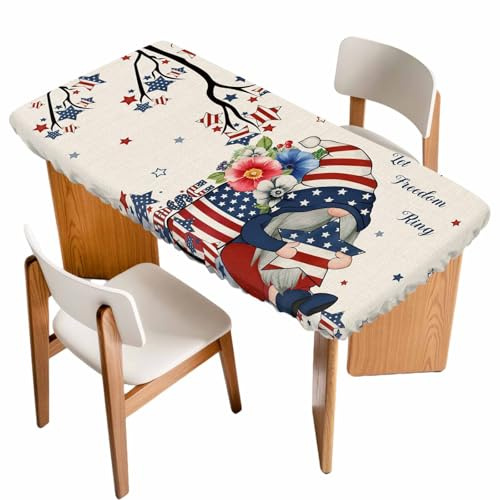 Litter Star Fitted Tablecloth for 5ft Table, Independence Day Dwarfs Fitted Elastic Edge Table Cover for Rectangle Tables, Opium Poppy on Retro Linen Waterproof Tablecloths for Kitchen