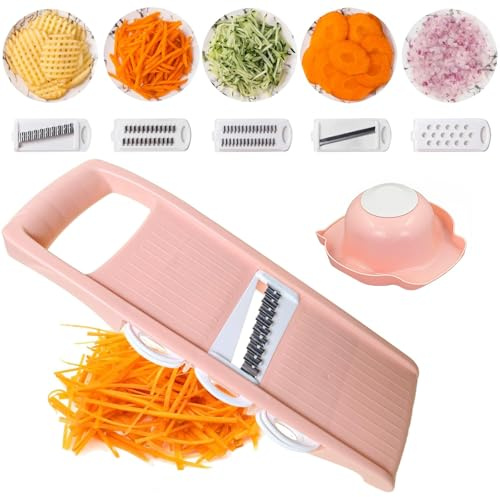 Mandolina de Cocina Profesional, Cortador de Verduras y Rallador con 5 Cuchillas Intercambiables, Incluye Protector de Manos, Cortador de Patatas y Vegetales, Color Rosa