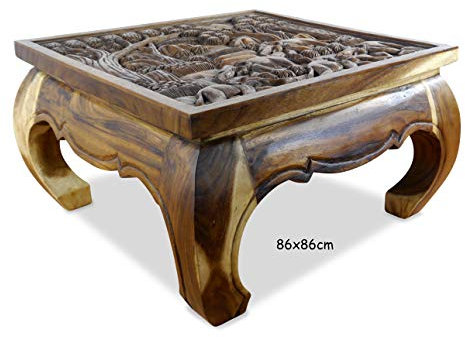 livasia Opiumtisch mit Elefantenschnitzerei, Couchtisch, Asiatisches Möbelstück, Massivholztisch (86x86cm)