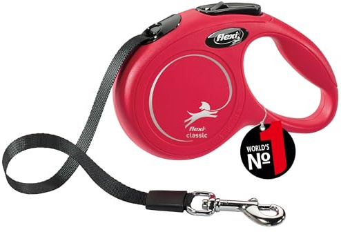 flexi® Classic XS | Laisse rétractable à sangle de 3 m pour petits chiens jusqu'à 12 kg | Format de poche | poignée à 3 doigts | Rouge | Laisse à enrouleur | Poids : 110 g | Dimensions : 8,2 x 13 cm