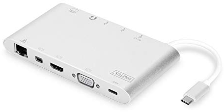 Digitus DA-70861, Multiport Docking Station - Dock USB-C Dock 11 porte - Audio/Video, RJ45, 3x USB 3.0, porta di ricarica, lettore di schede - grigio