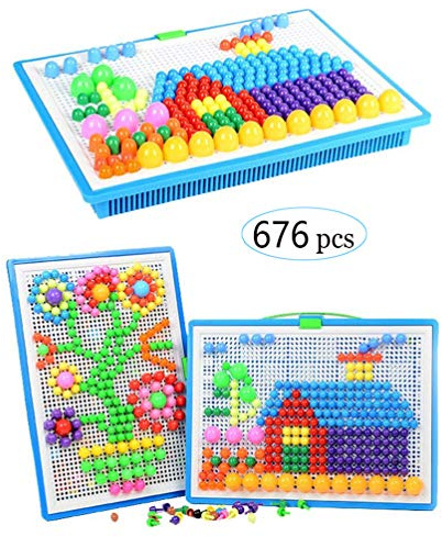 Jsvacva 676 pcs Mushroom Nails Pegboard Educational Colourful Jigsaw Puzzle Building Bricks Creative DIY Mosaic Toys for Kids & Toddlers, Birthday Gift for Girls Boys Age 3-8 Years