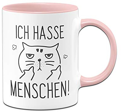 Tassenbrennerei Tasse Ich hasse Menschen Tassen mit Spruch Katze lustig - Spülmaschienenfest (Rosa)