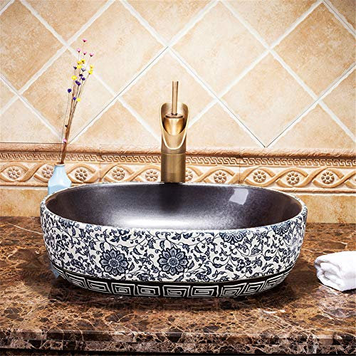 FLYFO Chinese Style Counter Top Washbasin Oval Ceramic Art Wash Basin Retro Hand Painted Bathroom Sink Home Luxury Large Capacity