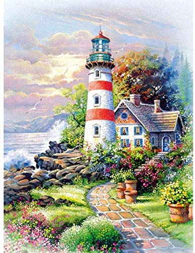 LHZBB Stickset Stickbilder Kreuzstich Vorgedruckt-Leuchtturm am Meer-40X50Cm Sticken Stickerei stickgarn Neujahrs Home Decor Kreativität Geschenke (11CT Vorgedruckte Leinwand)