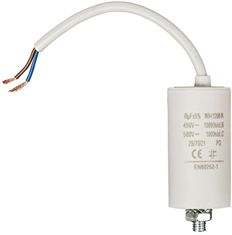 Invero Washing Machine Motor Capacitor 8.0uf - 450V Wired 250mm Cable - Dimensions: 35 x 69 mm - White