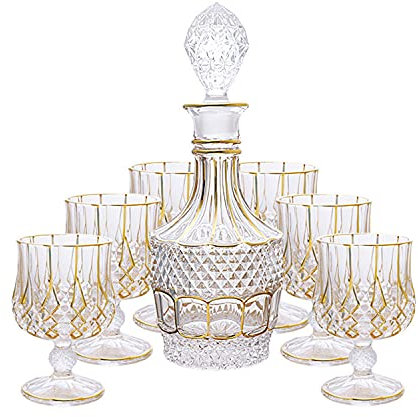 BERTY·PUYI Ensemble De Carafe À Whisky avec Bouchon en Verre, Carafe À Whisky À Garniture Dorée avec 6 Verres À Whisky, Carafe en Cristal De Qualité Supérieure, Verre À Vin Vintage