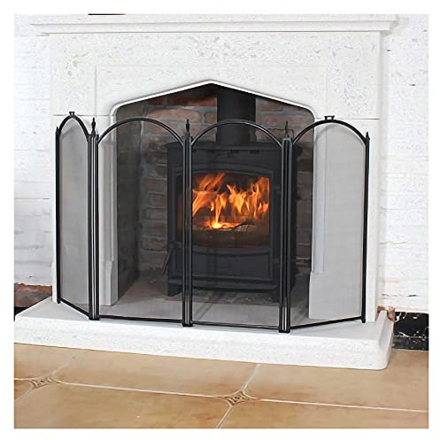 FLBT Pare-feu pour cheminée, Grand écran de cheminée Pliable en Maille d'acier à 4 Panneaux avec Portes, Panneaux de cheminée en Fer forgé Massif, Grille Pare-étincelles pour Salon (Noir 120 x 80 cm)