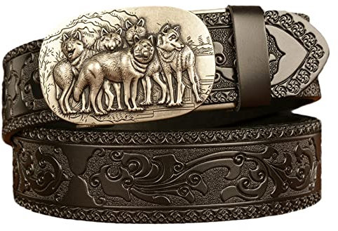 YOPADO Ratsche Gürtel Aus Leder Für Herren, Automatikschließe Dekoration Mit 3D König Der Tiere, Verstellbarer Taillenriemen Western Cowboy Ledergürtel (110cm/waist:36~38, Wolf Pack)
