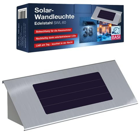 BASI Applique murale solaire LED en acier inoxydable pour numéros de maison - Numéro de maison éclairé - Lampe de chevet d'extérieur à énergie solaire avec matériel de fixation inclus